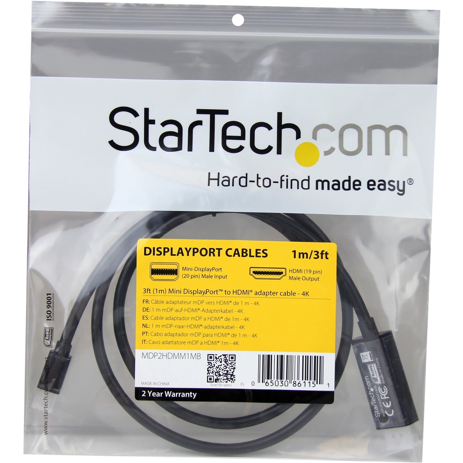 StarTech.com 3ft (1m) Mini DisplayPort to HDMI Cable, 4K 30Hz Video, Mini DP to HDMI Adapter/Converter Cable, mDP to HDMI Monitor/Display