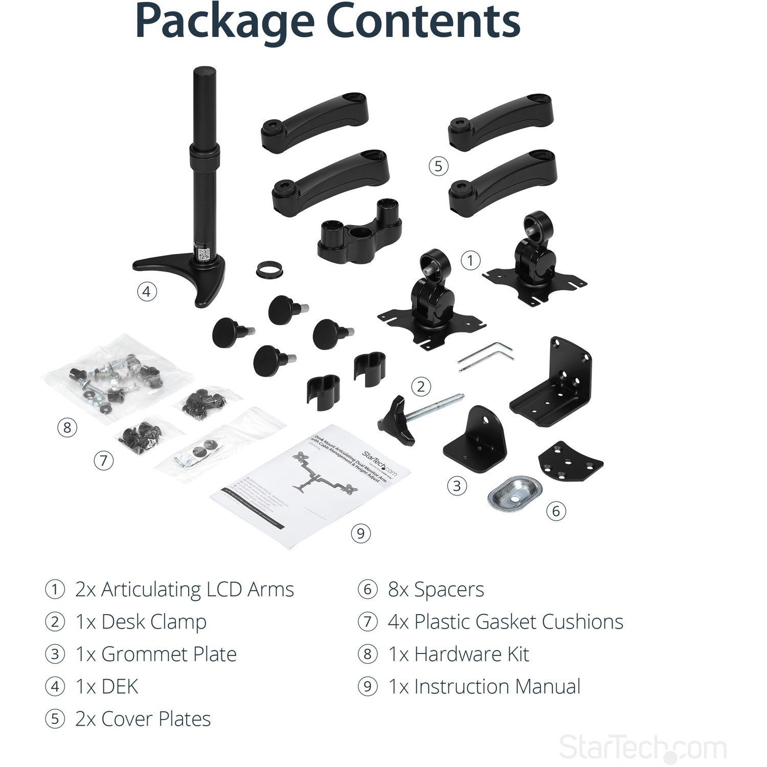 StarTech.com Dual Monitor Arm - Height Adjustable, Desk Surface or Grommet Mount for Two Displays with Cable Management