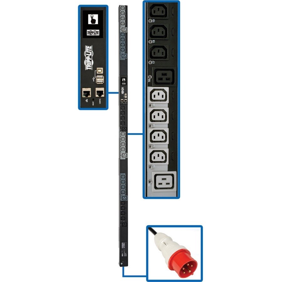 Eaton Tripp Lite Series 11.5kW 208-240V 3PH Switched PDU - LX Interface, Gigabit, 30 Outlets, IEC 309 16/20A Red 360-415V Input, Outlet Monitoring, LCD, 1.8 m Cord, 0U 1.8 m Height, TAA