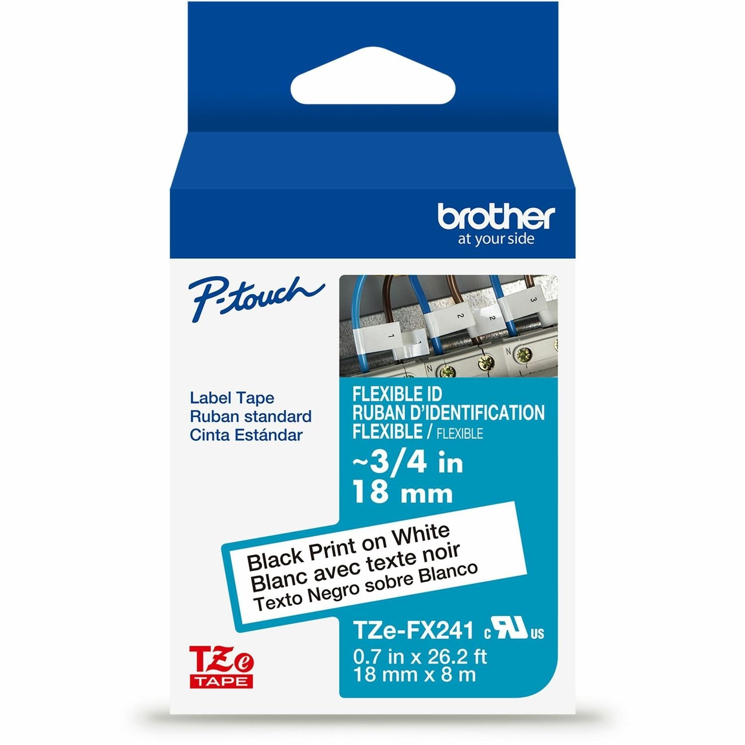 Brother Genuine P-touch TZeFX241 BK on WHT Label Tape, Flexible ID Laminated, 18mmX8m