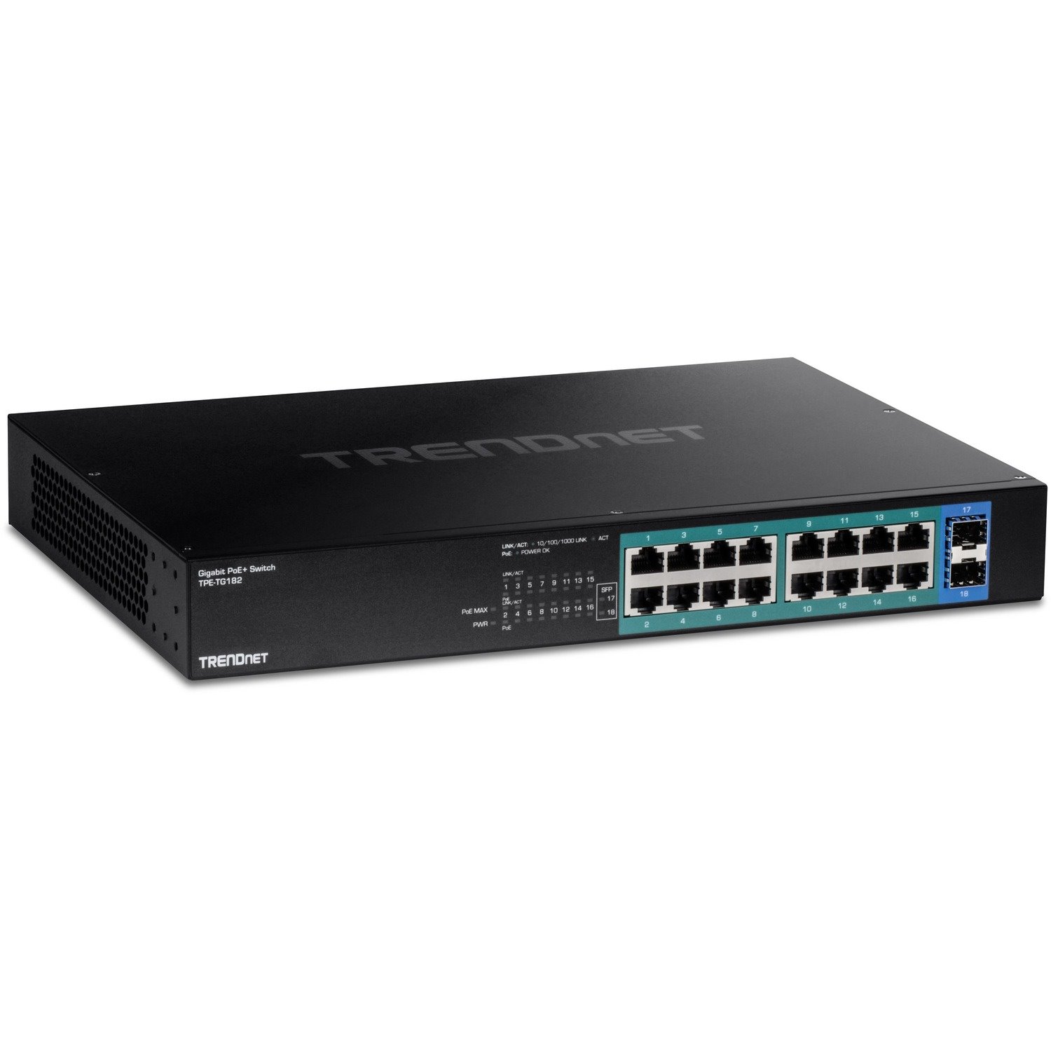 TRENDnet 18-Port Gigabit PoE+ Switch, 16 x 30W PoE+ Ports, 2 Gigabit SFP Slots, 240W PoE Budget, 36Gbps Switching Capacity, 1U 19" Rack Mountable, Lifetime Protection, Black, TPE-TG182