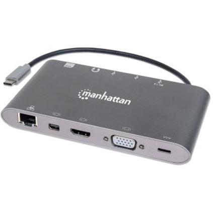 USB-C Dock/Hub with Card Reader, Ports (x8): USB-C to HDMI, Audio 3.5mm, Ethernet, Mini DisplayPort, USB-A (x3) and USB-C, With Power Delivery (60W) to USB-C Port (Note add USB-C wall charger and USB-C cable needed), All Ports can be used at the same time