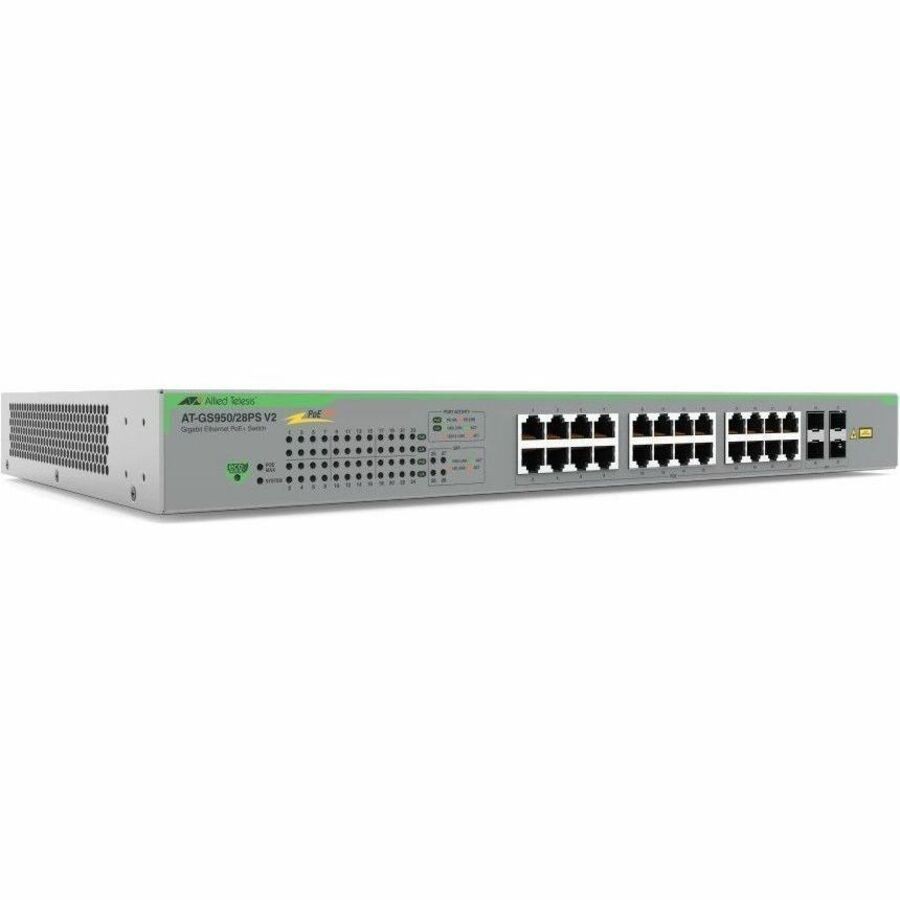 Allied Telesis At GS950/28PS V2 - Switch - Smart - 24 X 10/100/1000 (PoE+) + 4 X 1000Base-X - Side To Side Airflow - Desktop, Rack-Mountable, Wall-Mountable - PoE+ (185 W)