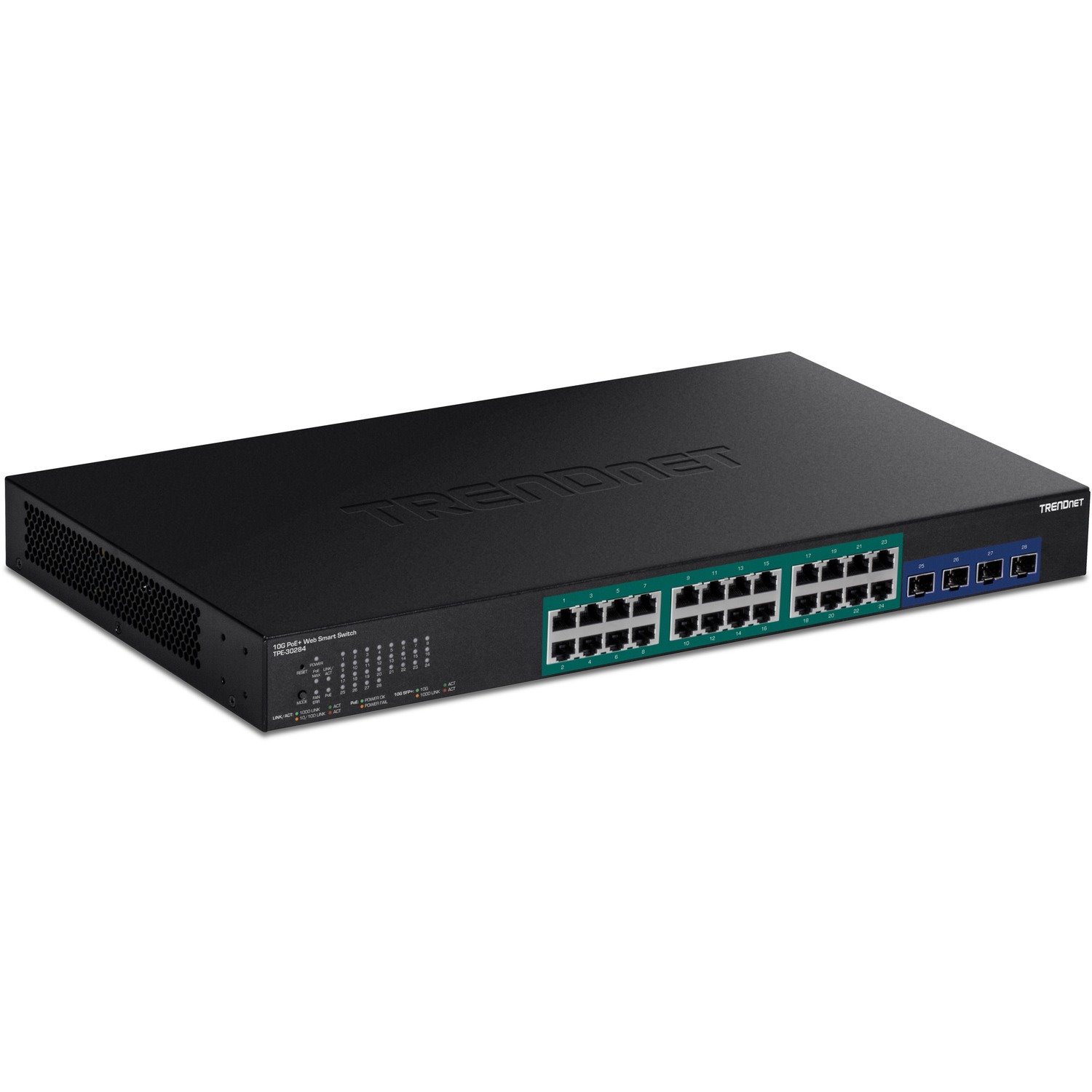 TRENDnet 28-Port Gigabit Web Smart PoE+ Switch with 24 Gigabit PoE+ Ports; TPE-30284; 4 x 10G SFP+ slots; 370W PoE power;VLAN; QoS; LACP; IPv4/IPv6 Static Routing