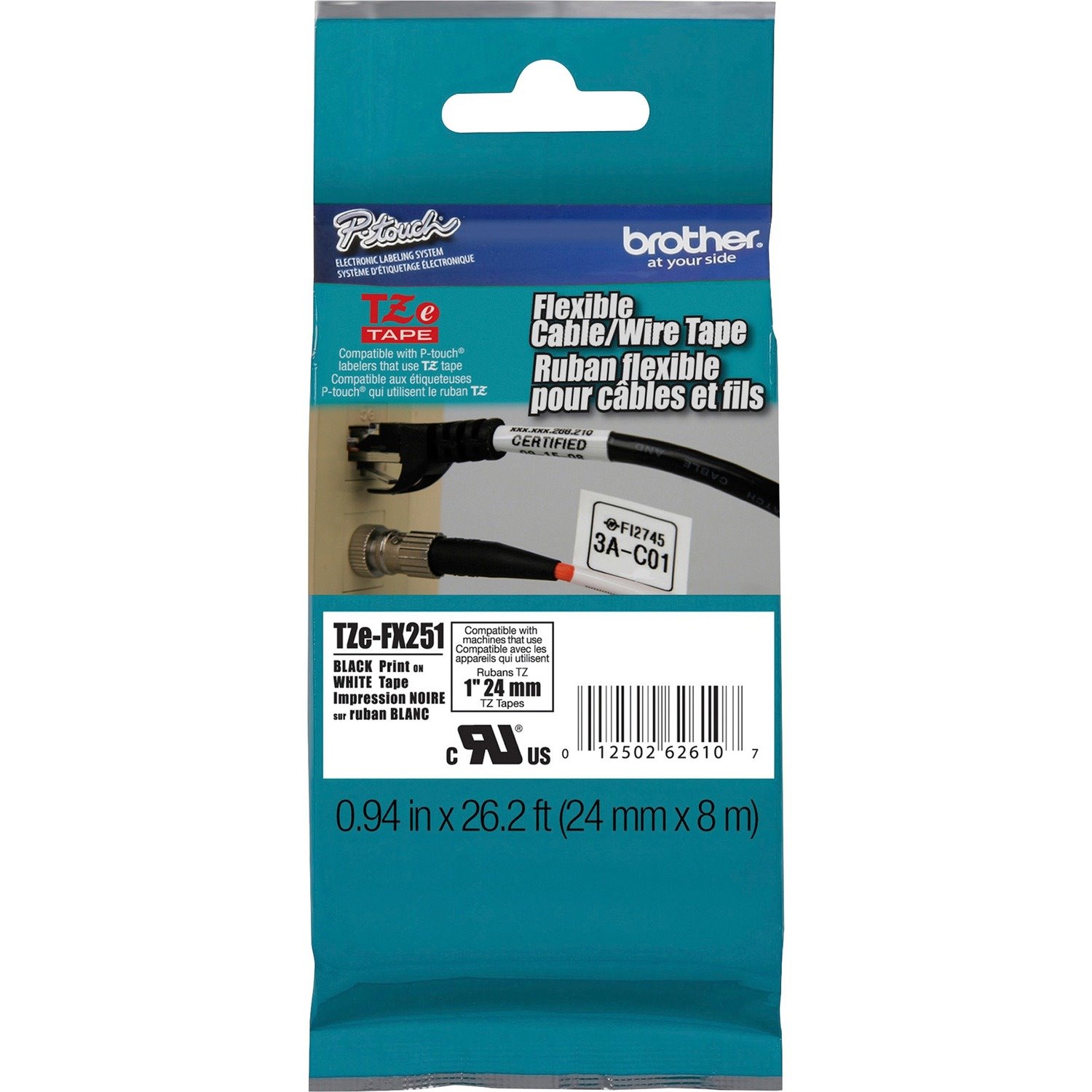 P-touch 1" Black on White Flexible ID Tape