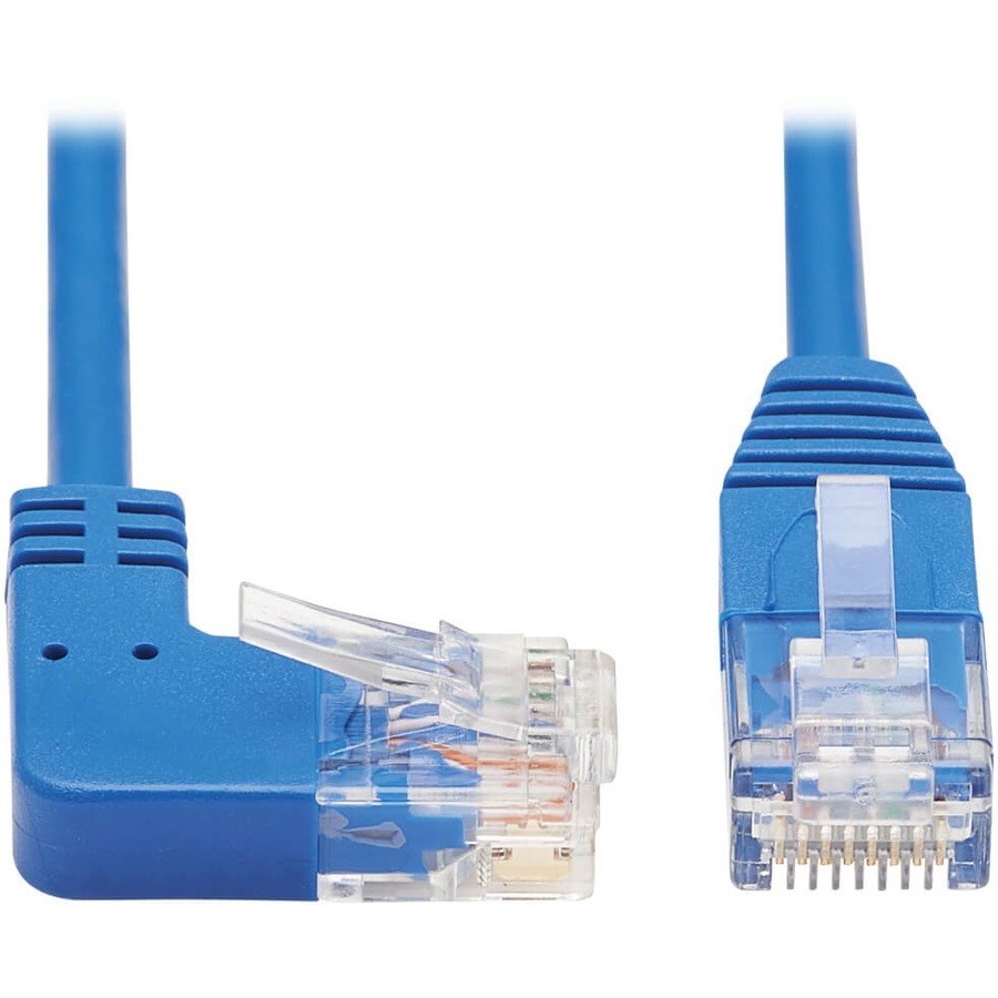 Eaton Tripp Lite Series Right-Angle Cat6 Gigabit Molded Slim UTP Ethernet Cable (RJ45 Right-Angle M to RJ45 M), Blue, 1 ft. (0.31 m)