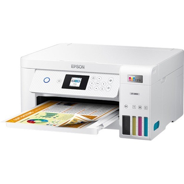 Epson EcoTank ET-2850 Wireless Inkjet Multifunction Printer-Color-White-Copier/Scanner-4800x1200 Print-Automatic Duplex Print-100 sheets Input-Color Scanner-1200 Optical Scan-Wireless LAN-Epson Connect-Apple AirPrint-Mopria Print Service-Wi-Fi Direct