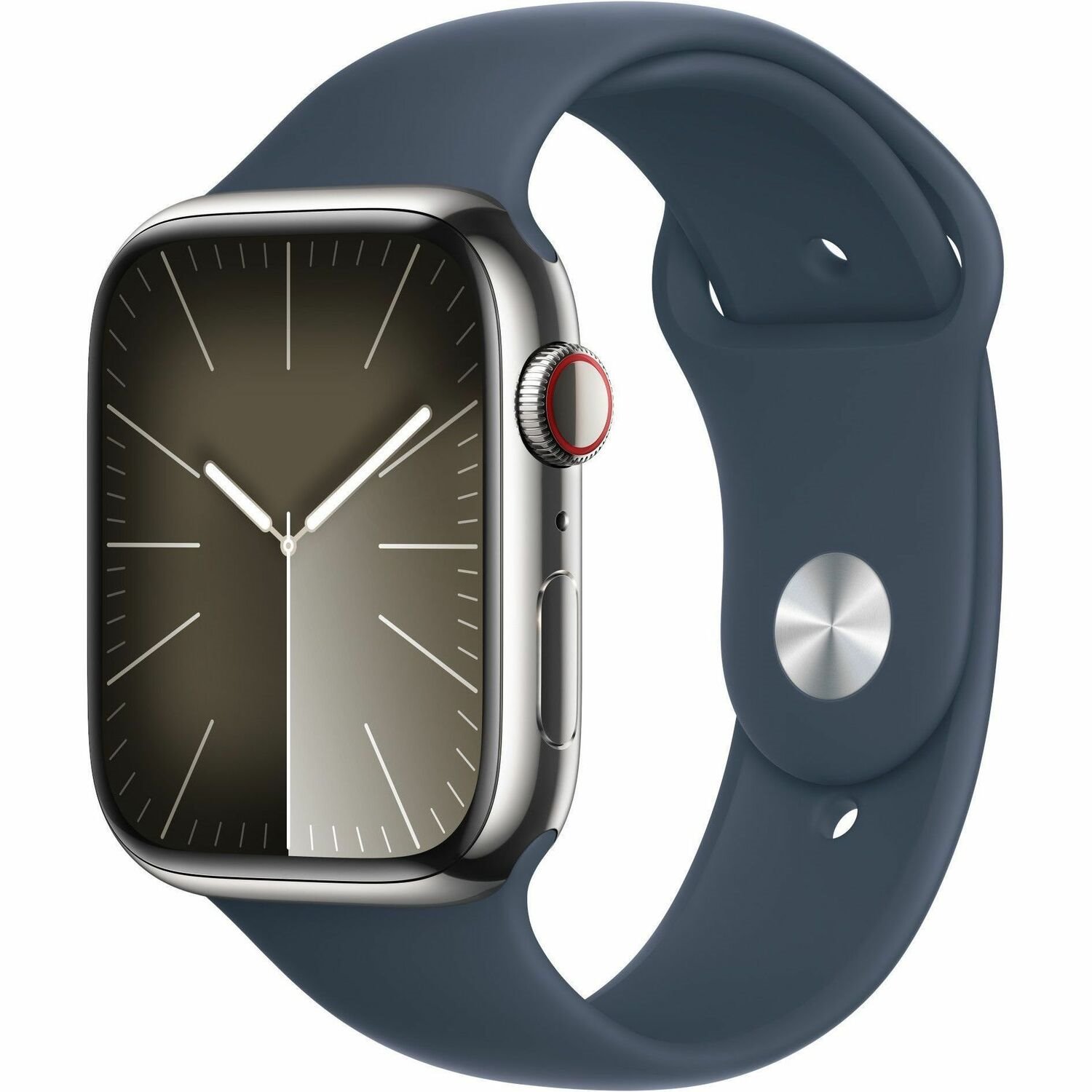 Apple Watch Series 9 Smart Watch - 45 mm Case Height - 38 mm Case Width - Silver Case Color - Storm, Blue Band Color - Glass Body Material - Stainless Steel Case Material - Wireless LAN - LTE, UMTS