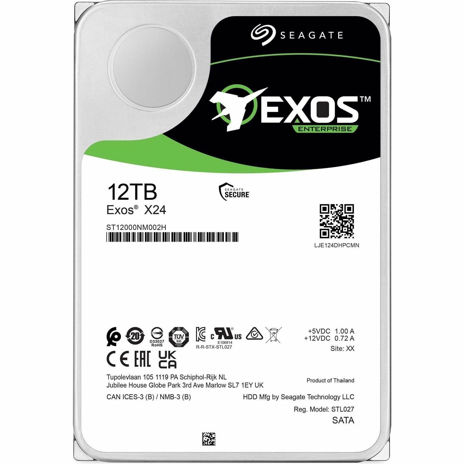 Seagate Exos X24 ST12000NM002H 12 TB Hard Drive - 3.5" Internal - SATA (SATA/600) - Conventional Magnetic Recording (CMR) Method