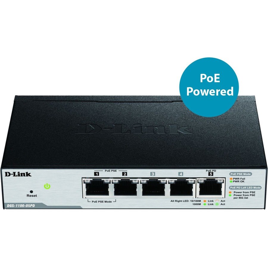 D-Link DGS-1100 DGS-1100-05PD 5 Ports Manageable Ethernet Switch - Fast Ethernet, Gigabit Ethernet - 1000Base-T, 10/100Base-TX