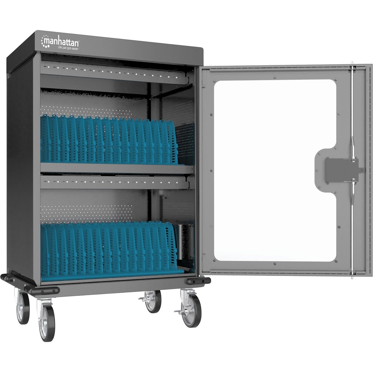 iPad to 13", MacBook Air to 15" & Chromebook 15.6" 32-bay Charging Trolley/Cart via USB-C, Also other tablets/smartphones (with device to USB-C cable), Bays 404x27.6x283mm,Device charging cables not included (suggest Manhattan USB-C cable 356213),Cabinet