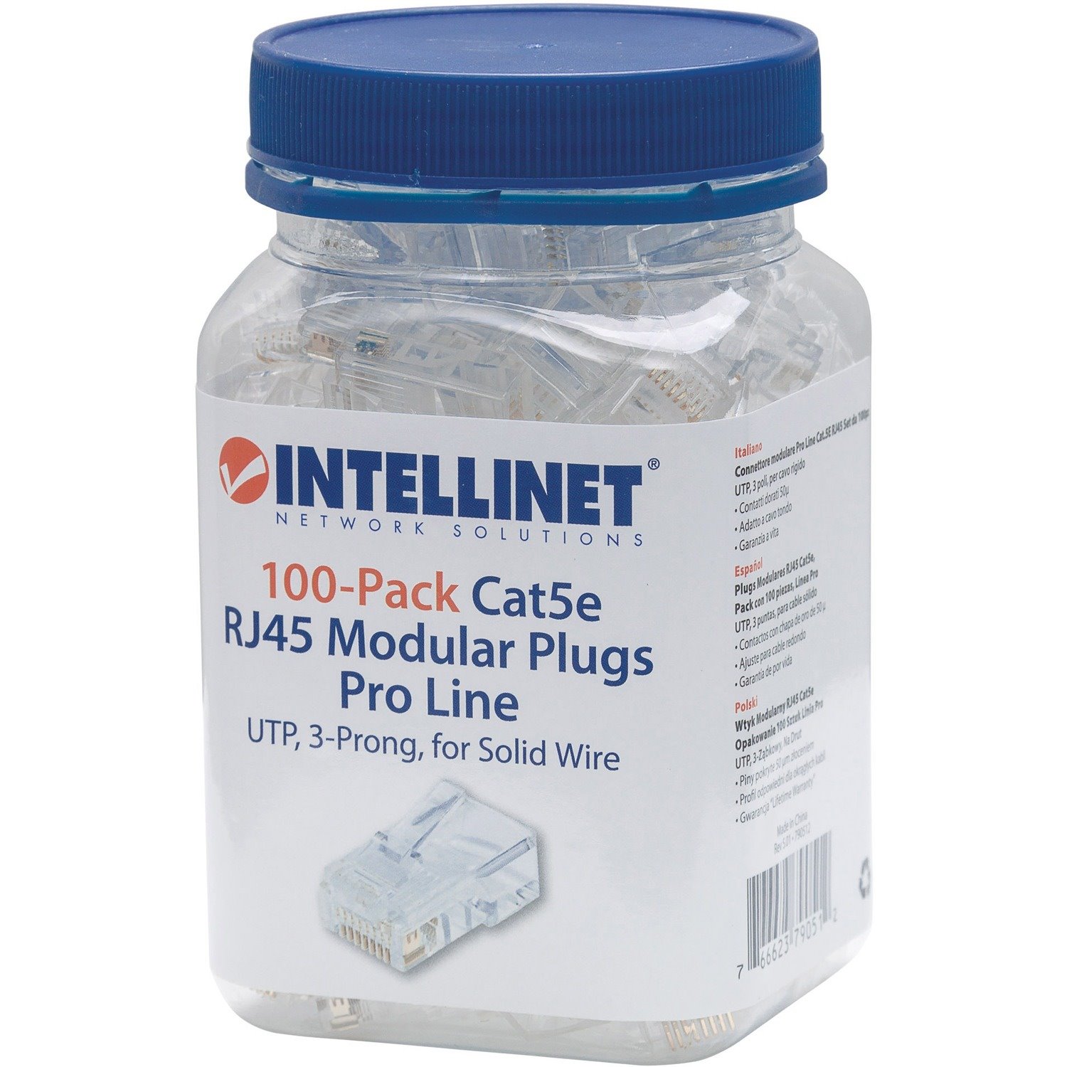 Intellinet Cat5e RJ45 Modular Plug , 50 Gold-Plated Contacts ,Three-Prong Terminal For Sol