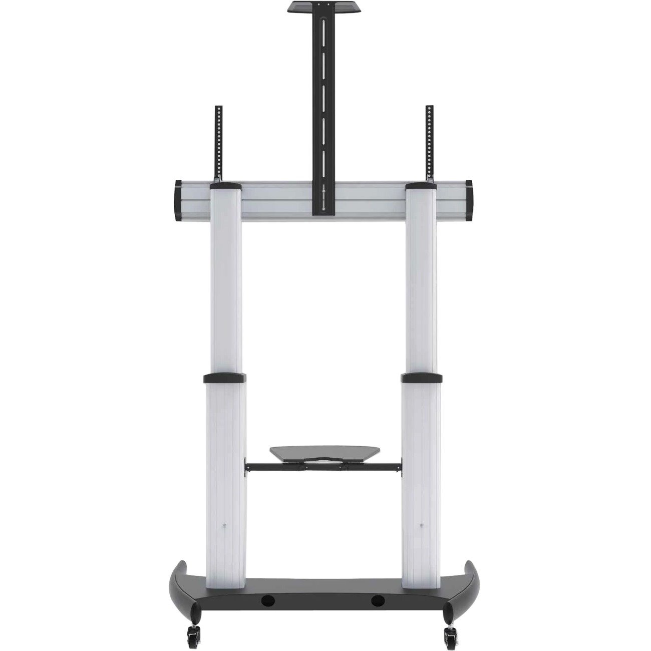Manhattan TV & Monitor Mount, Trolley Stand, 1 screen, Screen Sizes: 60-100" , Silver/Black, VESA 200x200 to 800x600mm, Max 100kg, Height adjustable 1200 to 1685mm, Camera and AV shelves, Aluminium, LFD, Lifetime Warranty