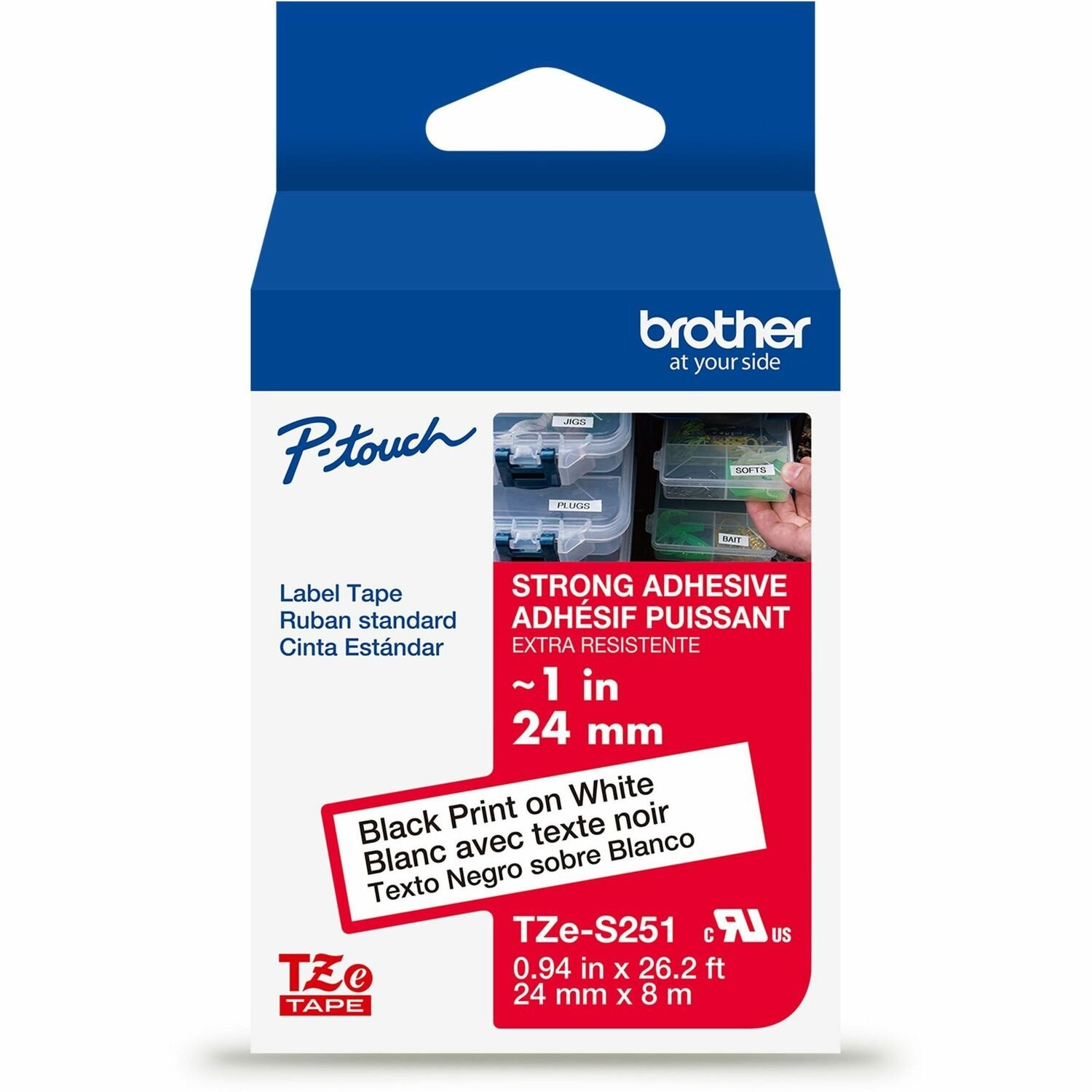 Brother Genuine P-touch TZeS251 BK on WHT Label Tape, Strong Adhesive Lam., 24mmX8m