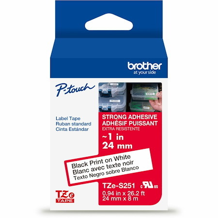 Brother Genuine P-touch TZeS251 BK on WHT Label Tape, Strong Adhesive Lam., 24mmX8m