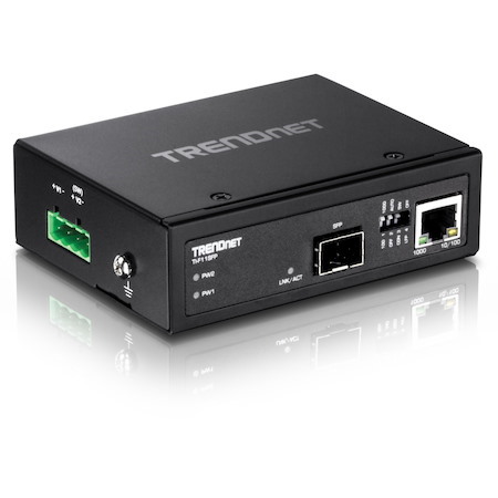 TRENDnet Industrial 100/1000Base-T to SFP Media Converter, TI F11SFP, IP50 Rated, NDAA TAA Compliant, 1 x Gigabit Ethernet Port, 1 x SFP Port, DIP Switches Control Link Fault Pass Through