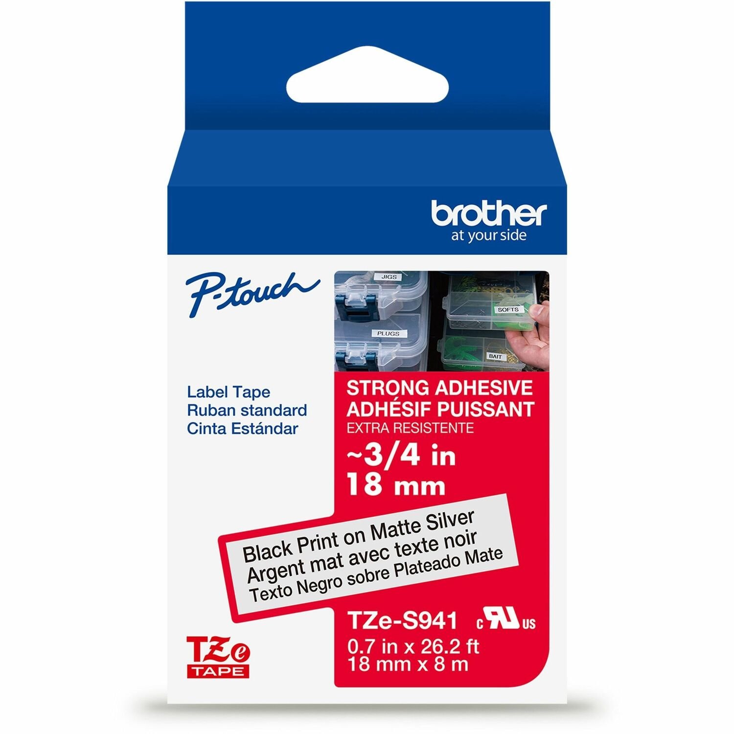 Brother Genuine P-touch TZeS941 BK on MATTE SLV Label Tape, Strong Adhesive Lam., 18mmX8m