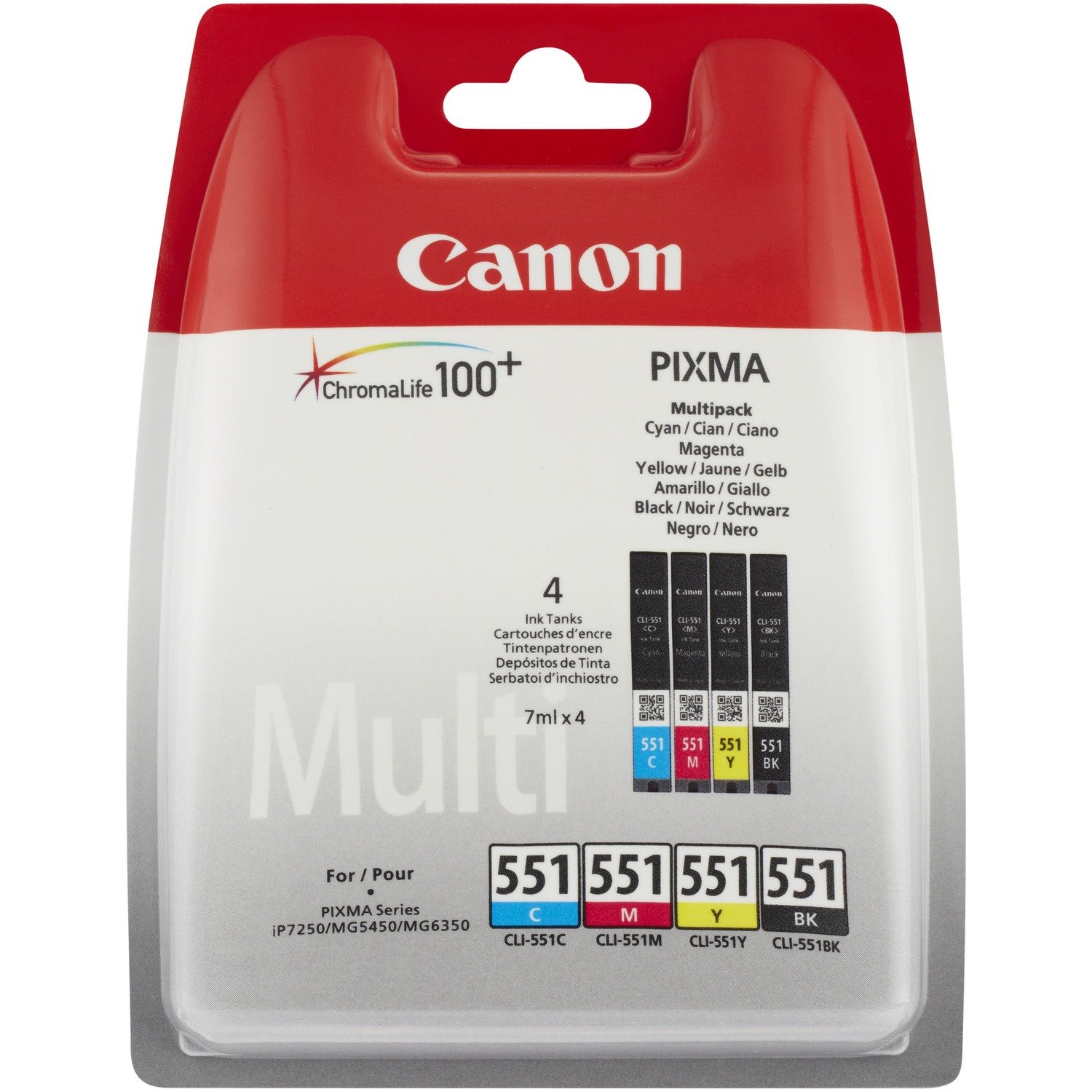 Canon CLI-551 Original Standard Yield Inkjet Ink Cartridge - Black, Cyan, Yellow, Magenta - 4 / Blister Pack