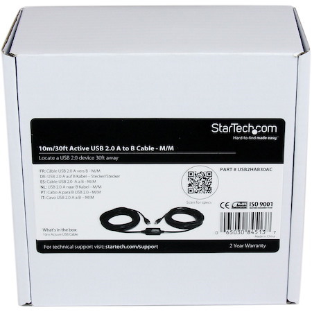 StarTech.com 9 m / 30 ft Active USB A to B Cable - M/M - Black USB 2.0 A to B Cord - Printer Cable - Extension USB Cable (USB2HAB30AC)