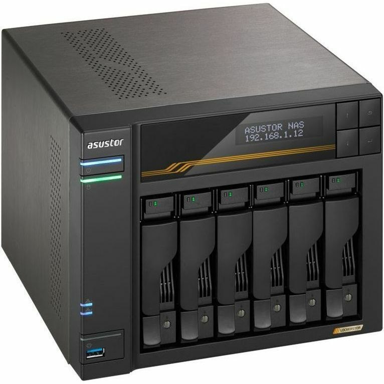 Asustor Lockerstor 6 Gen3 AS6806T 6 Bay NAS, AMD Ryzen Quad-Core 2.3 GHz, 16GB RAM ECC DDR5, 4 M.2 NVMe Slots, Dual 5GbE and Dual 10GbE Port, USB 4.0 Type-C, Network Attached Storage (Diskless)