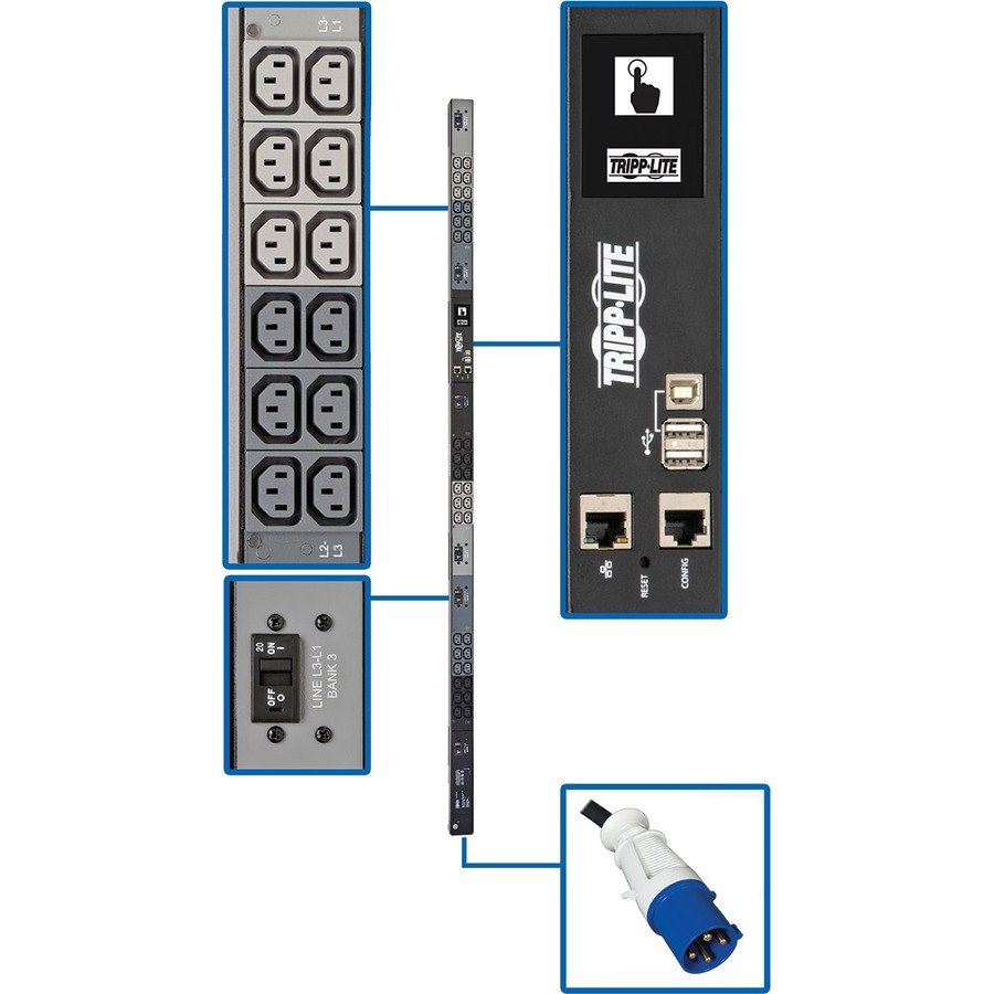 Eaton Tripp Lite Series 18.7kW 200-240V 3PH Monitored PDU - LX Interface, Gigabit, 36 C13 Outlets, IEC 309 60A Blue Input, LCD, 1.8 m Cord, 0U 1.8 m Height, TAA