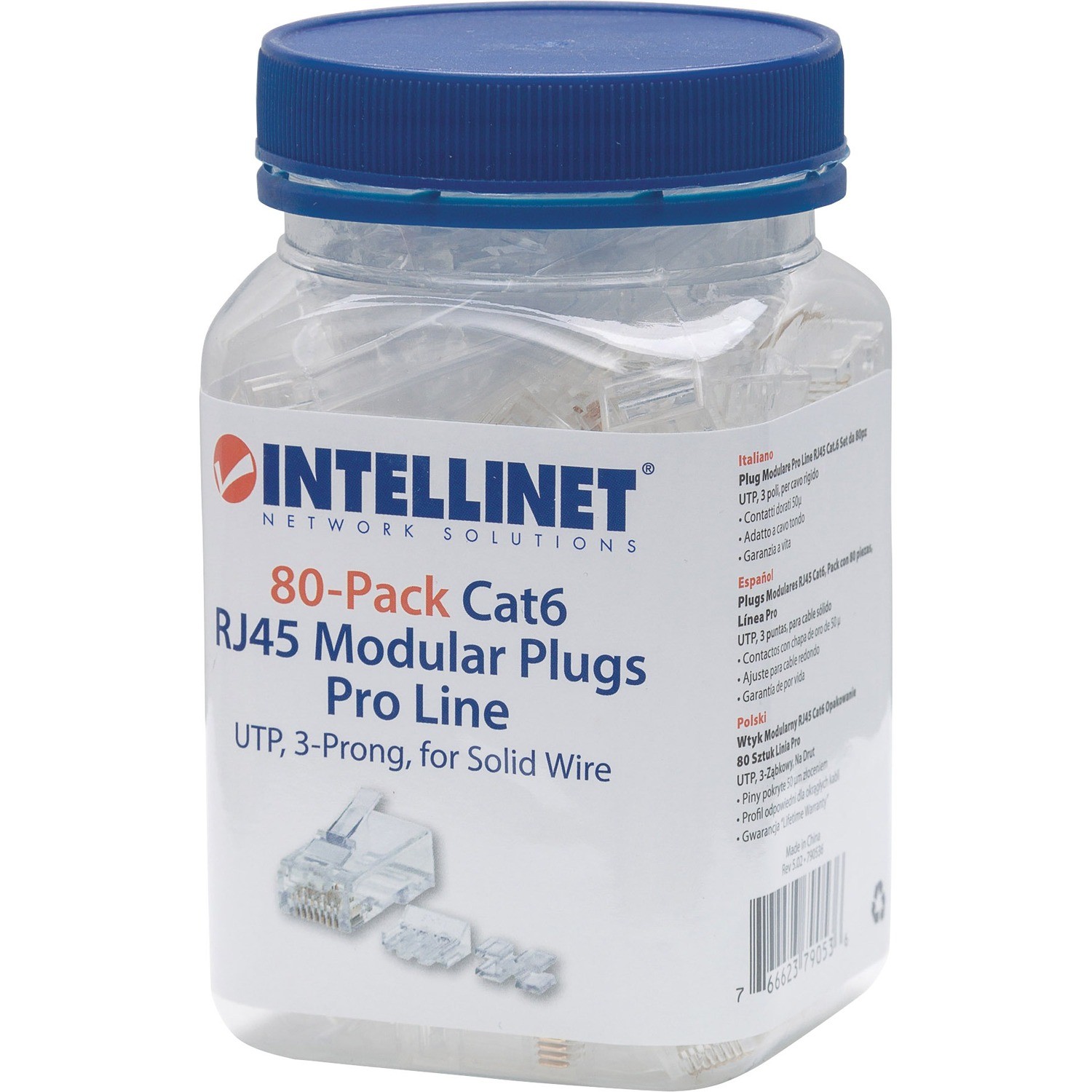 Intellinet Cat6 RJ45 Modular Plug. 50 Gold-Plated Contacts. Three-Prong Terminal For Solid