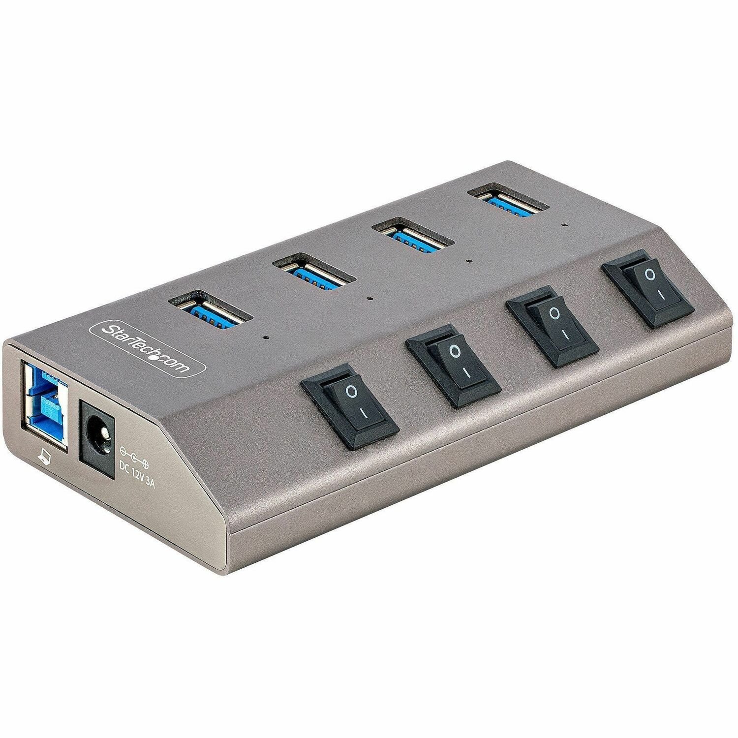 4-Port Self-Powered USB-C Hub met Individuele On/Off Schakelaars, USB-C naar USB-A 5Gbps Expansion Hub met Power Supply