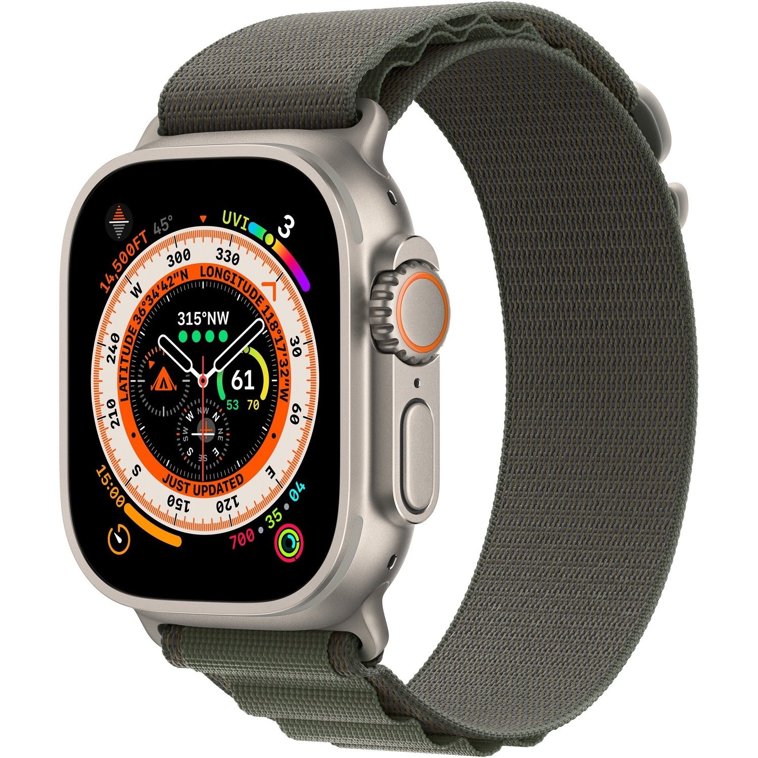 Apple Watch Ultra Smart Watch - 49 mm Case Height - 44 mm Case Width - Titanium Case Color - Green Band Color - Titanium Case Material - Woven Band Material - Wireless LAN - LTE, UMTS