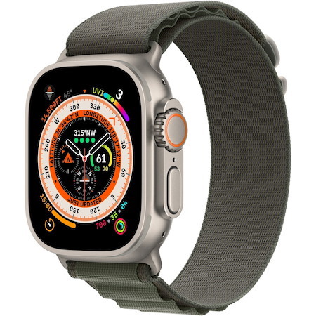 Apple Watch Ultra Smart Watch - 49 mm Case Height - 44 mm Case Width - Titanium Case Color - Green Band Color - Titanium Case Material - Woven Band Material - Wireless LAN - LTE, UMTS