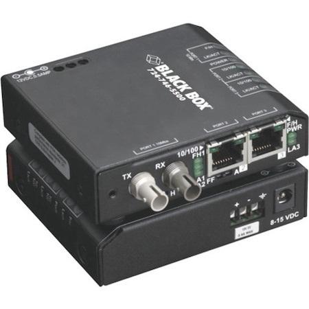Black Box Fast Ethernet (100-Mbps) Hardened Temperature Switch - (2) 10/100-Mbps Copper RJ45, (1) 100-Mbps Multimode Fiber, 1300nm, 2km, SC, 24V DC-Power