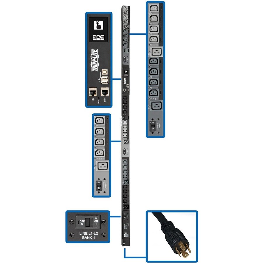 Tripp Lite by Eaton 10kW 200-240V 3PH Switched PDU - LX Interface, Gigabit, 30 Outlets, L15-30P Input, LCD, 3 m Cord, 0U 1.8 m Height, TAA