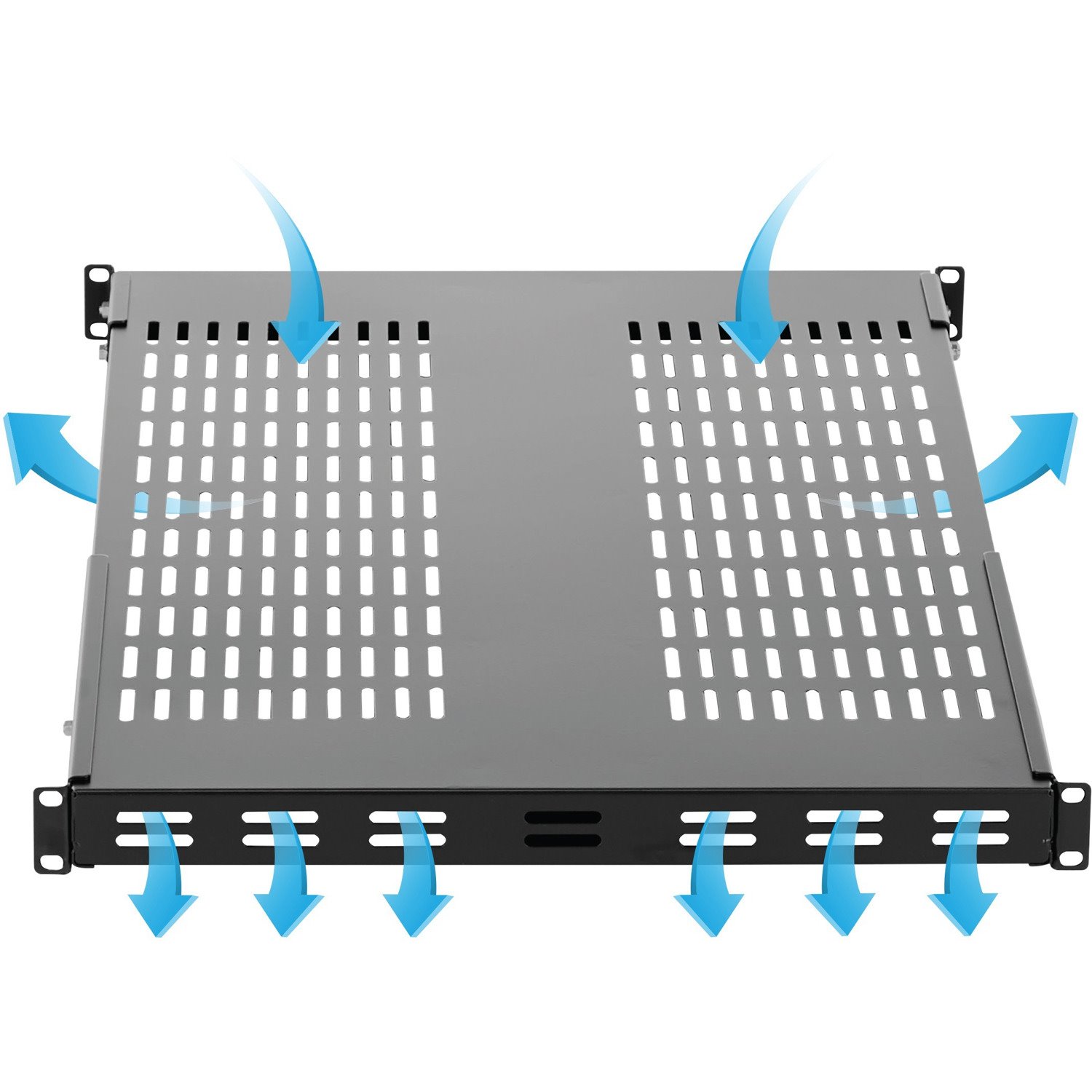 StarTech.com 1U 4-Post 19.5 to 38in Adjustable Mounting Depth Vented Rack Mount Shelf - Heavy Duty Fixed Rack Shelf - 330lbs / 150kg - 27.5in Deep