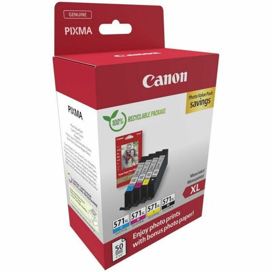 Canon ChromaLife100+ CLI-571XL Original High (XL) Yield Inkjet Ink Cartridge/Paper Kit - Value Pack - Black, Cyan, Magenta, Yellow - 4 / Pack