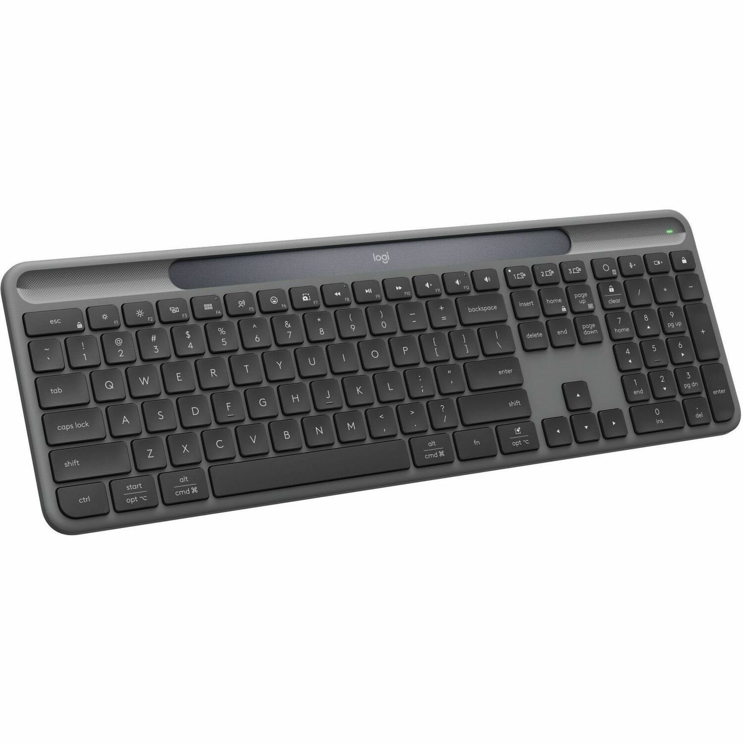 Logitech Signature Slim Solar+ wireless keyboard, solar and artificial light powered, durable battery that lasts up to 10 years, customizable keys, Bluetooth, Graphite