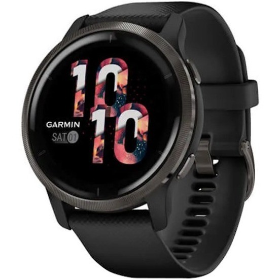 Garmin Venu 2 Smart Watch - Slate Body Color - Black Band Color - Stainless Steel Body Material - Fiber Reinforced Polymer Case Material - Silicone Band Material - Wireless LAN