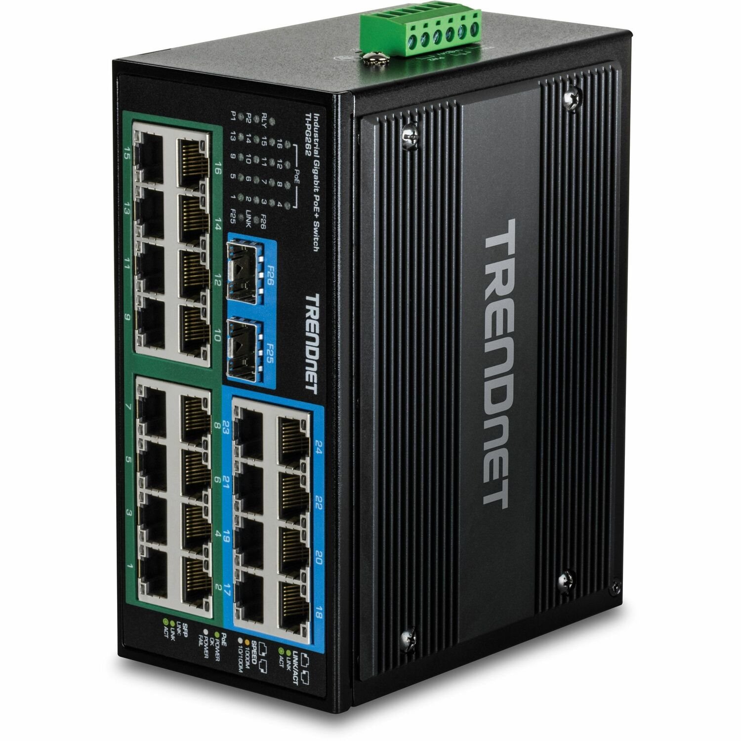 TRENDnet 26-Port Hardened Industrial Unmanaged Gigabit DIN-Rail Switch, TI-PG262, 16 x Gigabit PoE+ Ports, 8 x Gigabit RJ-45 Ports, 2 x SFP Ports, IP30, Lifetime Protection, Black