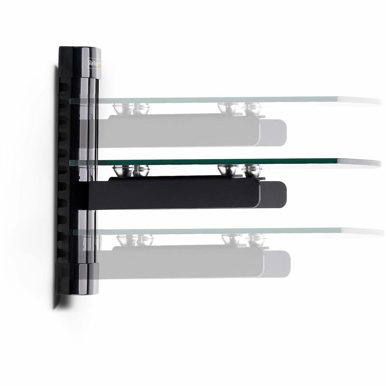 StarTech.com Floating Wall-Mounted AV Shelf, Adjustable Height Shelf For Under TV A/V Equipment, Black Tempered Glass Shelf