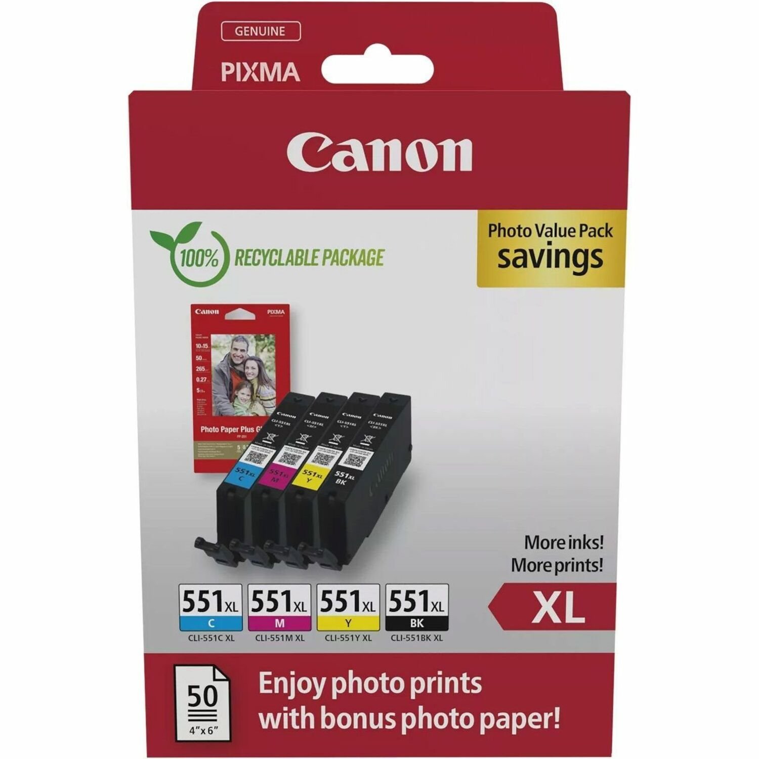 Canon CLI-551XL Original High Yield Inkjet Ink Cartridge - Value Pack - Black, Cyan, Magenta, Yellow - 4 / Pack