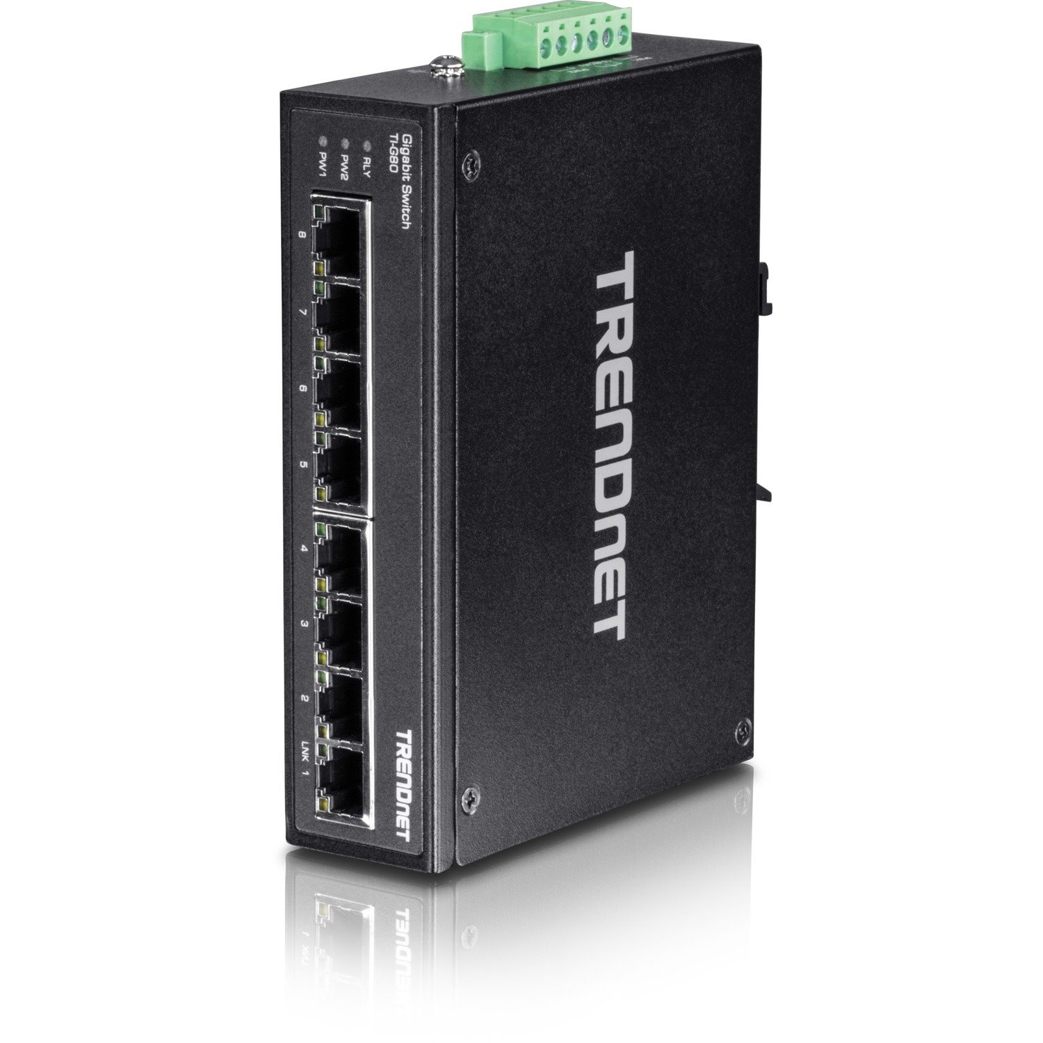 TRENDnet 8-Port Hardened Industrial Gigabit DIN-Rail Switch, 16 Gbps Switching Capacity, IP30 Rated Metal Housing (-40 to 167 F), DIN-Rail & Wall Mounts Included, Lifetime Protection, Black, TI-G80