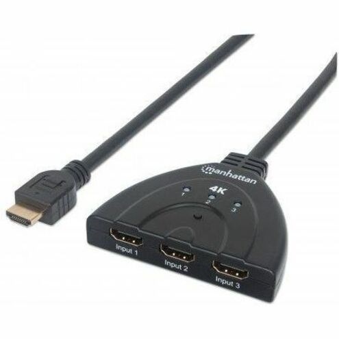 HDMI Switch 3-Port, 4K@60Hz, Connects x3 HDMI sources to x1 display, Manual Switching (via button), Integrated Cable (58cm), No external power required, Black, Three Year Warranty