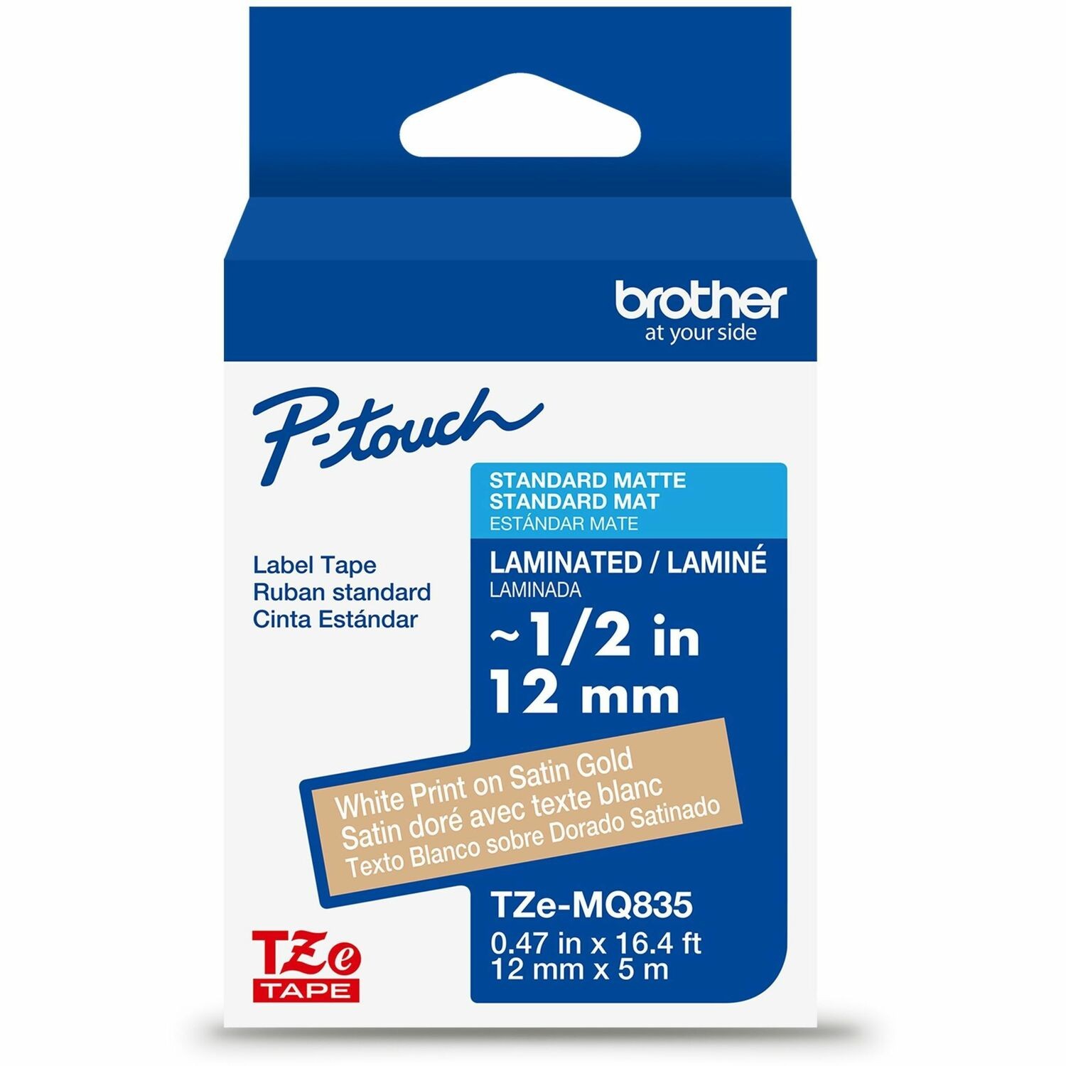 Brother Genuine P-touch TZeMQ835 WHT on SATIN GLD Label Tape, Laminated, 12mmX5m