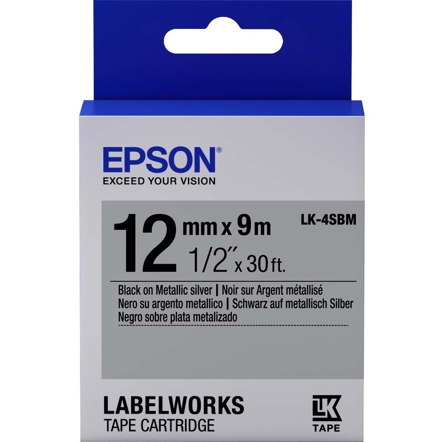 Epson LabelWorks Metallic LK Tape Cartridge ~1/2" Black on Metallic Silver