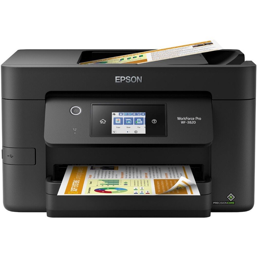 Epson WorkForce Pro WF-3820 Inkjet Multifunction Printer-Color-Copier/Fax/Scanner-4800x2400 dpi Print-Automatic Duplex Print-26000 Pages-250 sheets Input-1200 dpi Optical Scan-Color Fax-Wireless LAN-Epson Connect-Android Printing-Mopria