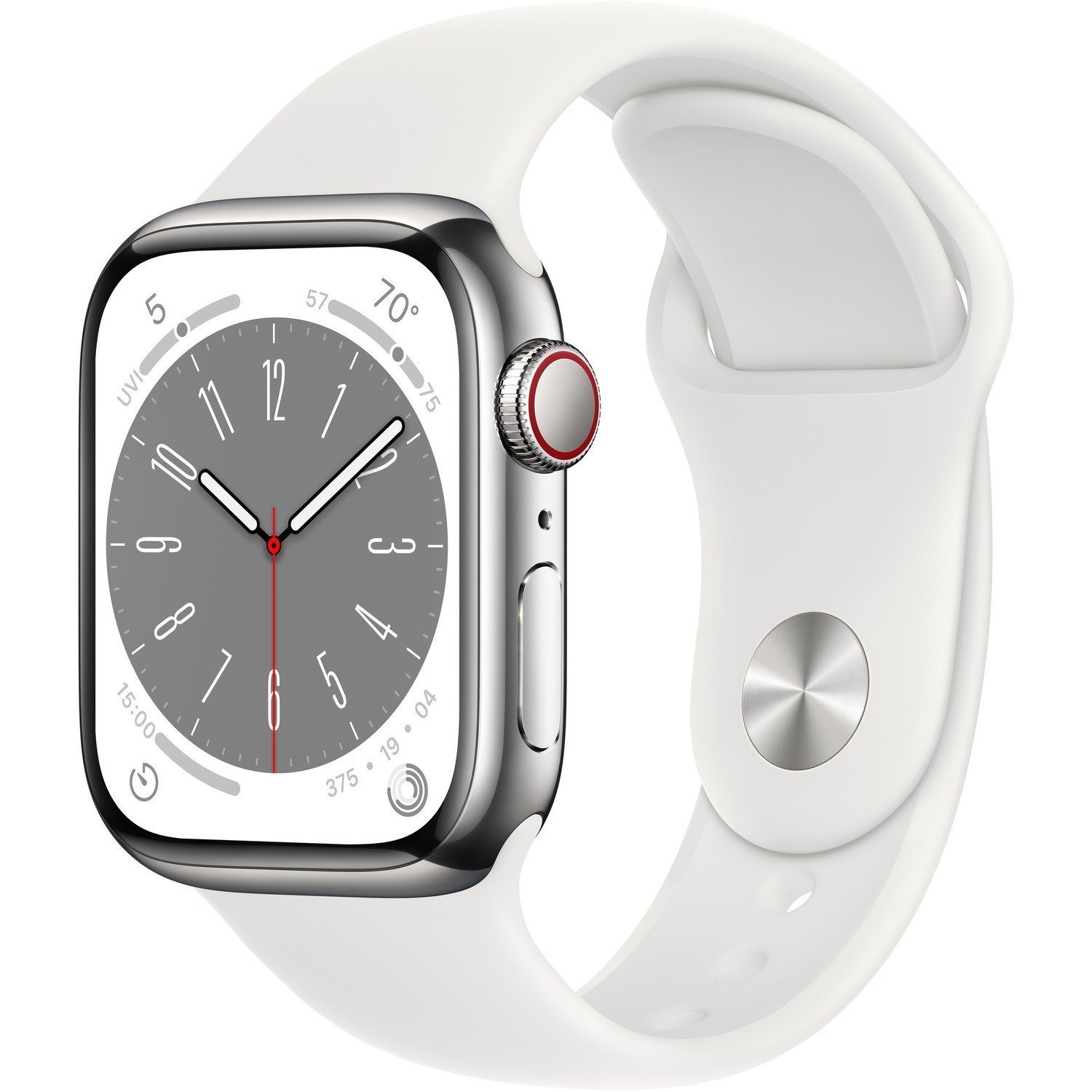 Apple Watch Series 8 Smart Watch - 41 mm Case Height - 35 mm Case Width - Silver Case Color - White Band Color - Stainless Steel Case Material - Fluoroelastomer Band Material - Wireless LAN - LTE, UMTS