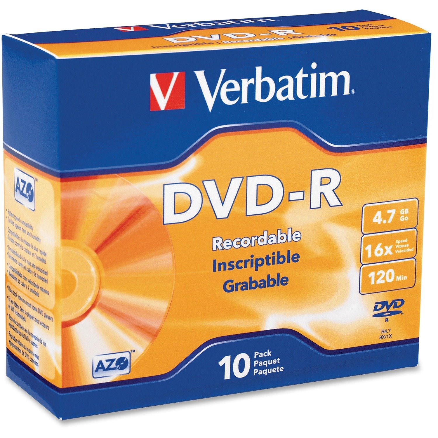 Verbatim AZO DVD-R 4.7GB 16X with Branded Surface - 10pk Slim Case