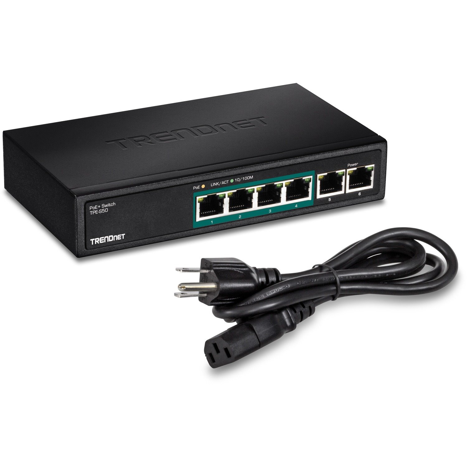 TRENDnet 6-Port Fast Ethernet PoE+ Switch, 4 x Fast Ethernet PoE Ports, 2 x Fast Ethernet Ports, 60W PoE Budget, 1.2 Gbps Switch Capacity, Metal, Limited Lifetime Protection, Black, TPE-S50