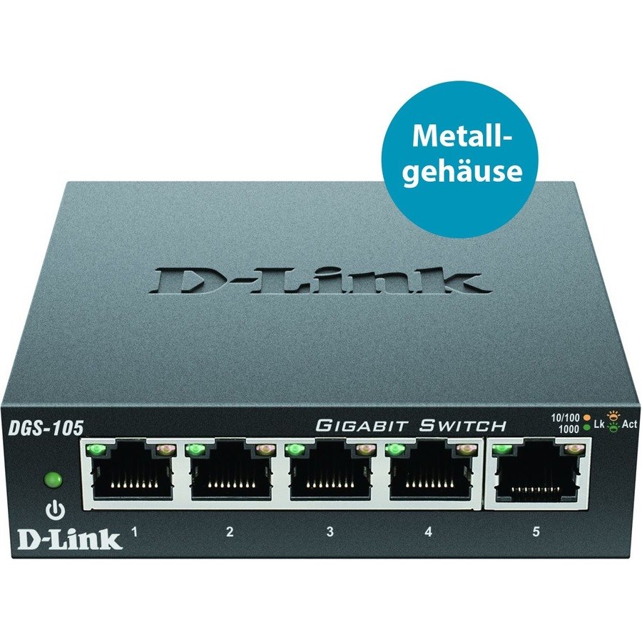 D-Link DGS-105 5 Ports Ethernet Switch - Gigabit Ethernet, Fast Ethernet - 10/100/1000Base-T