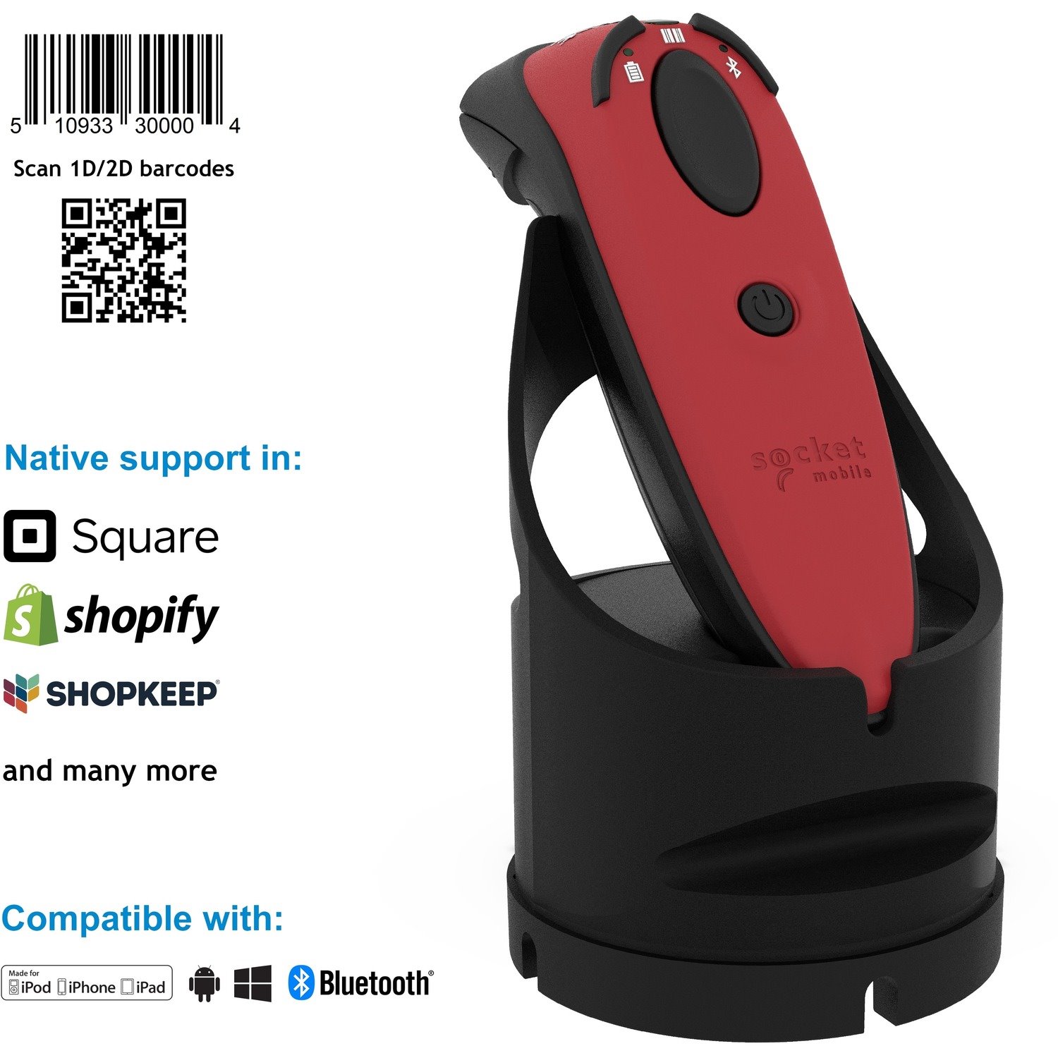 Socket Mobile DuraScan D740 Handheld Barcode Scanner - Wireless Connectivity - Red