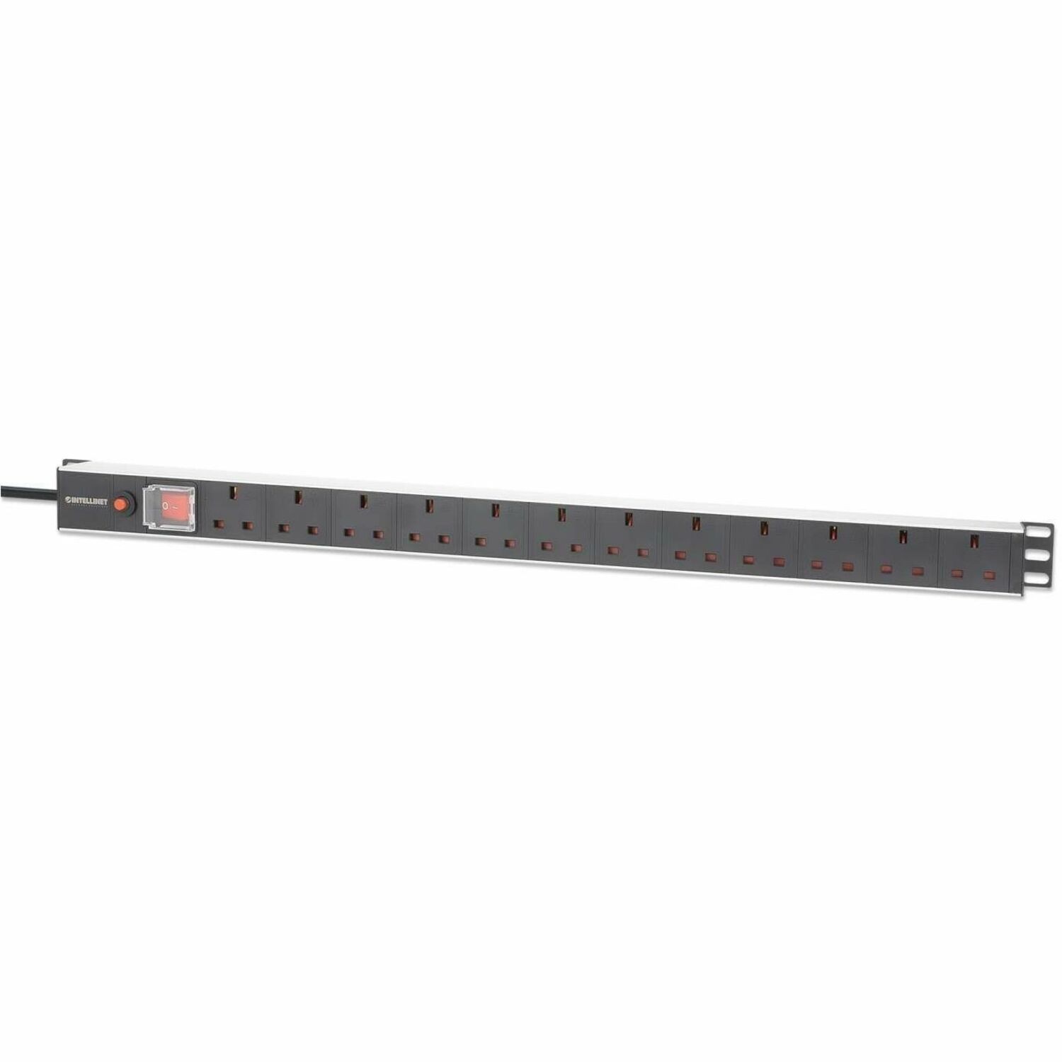 19" 1U PDU 12-way UK, Vertical type, With switch and overload protection, Rackmount, Power Distribution Unit, UK 3-pin outlets, 1.8m power cord, output