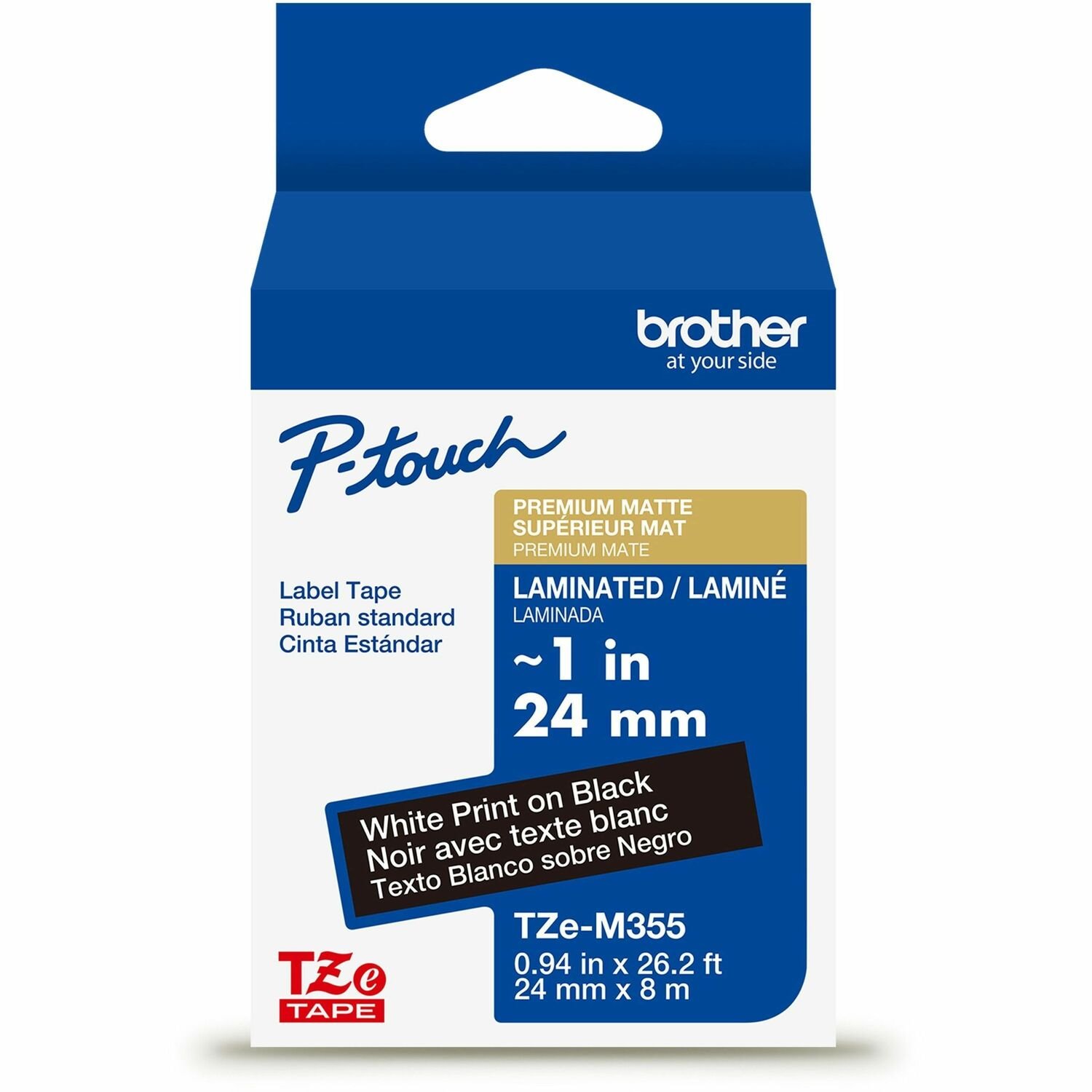 Brother Genuine P-touch TZeM355 WHT on BK Label Tape, Premium Matte Laminated, 24mmX8m